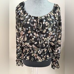 Love Tree Black Sheer Floral Peplum Blouse Medium Boho Tie Neck Top